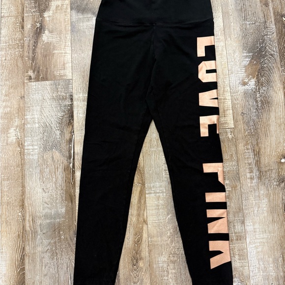 PINK Victoria's Secret Black Leggings with Peach Lettering - Picture 1 of 4